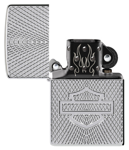 ˫ Ჹ-ٲǲ® Armor High Polish Chrome Windproof Lighter with its lid open and unlit.